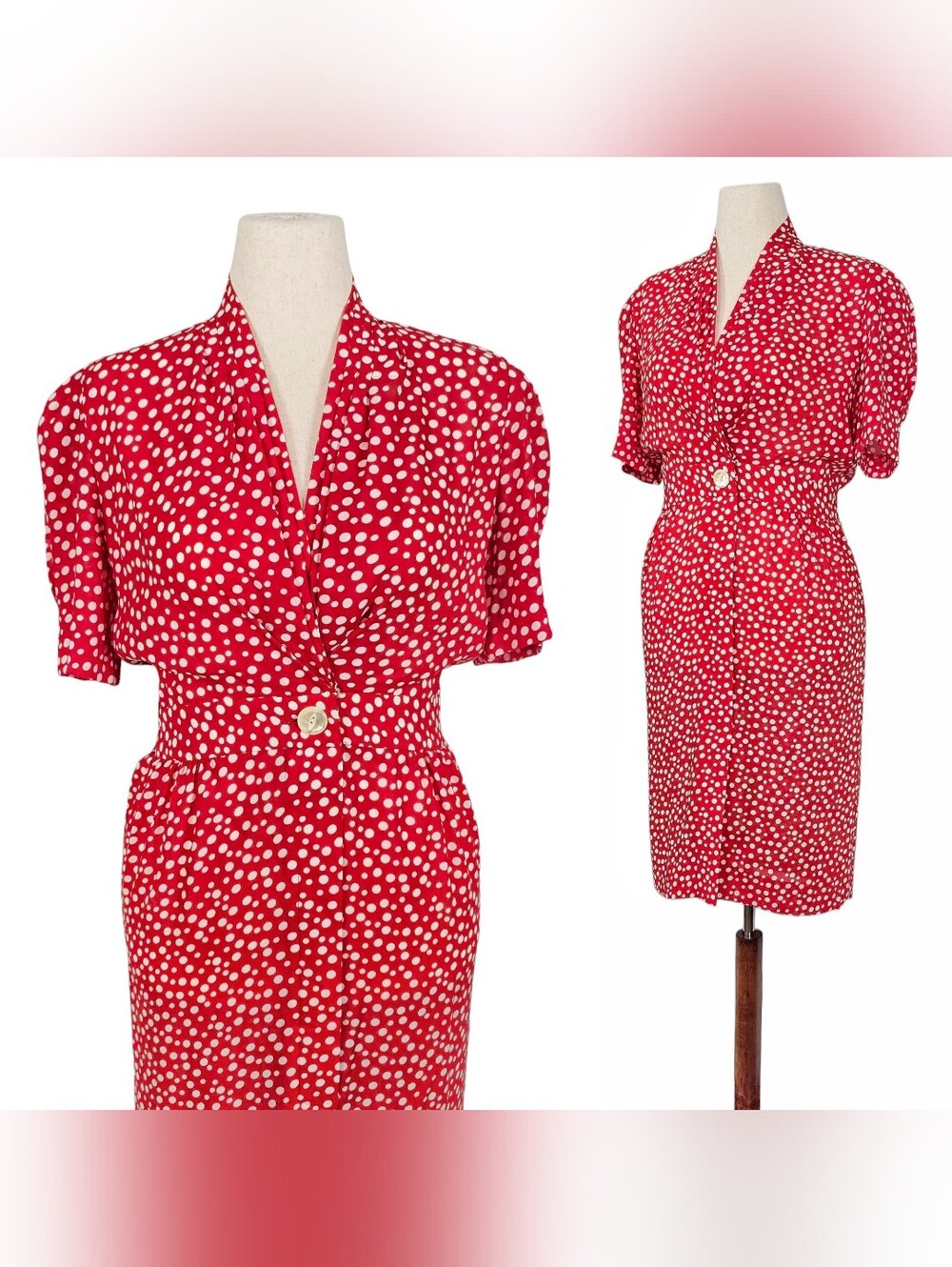 1980s Vintage Dress 80s Polka Dot Midi Red White Blouson Medium Retro Leslie Fay